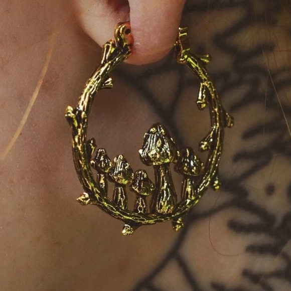 Gold Metal Mushroom Hoop Earrings - Picture 3 of 6
